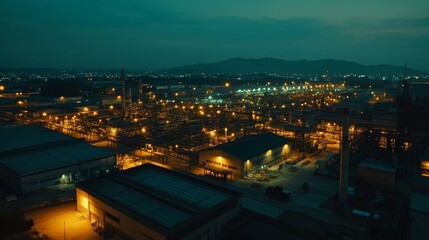 Obraz premium Night factory: sprawl of lights pipes and buildings 