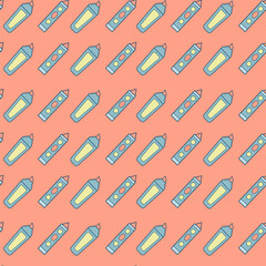 Seamless pattern with colored pencils on a peach background. Printing on fabric