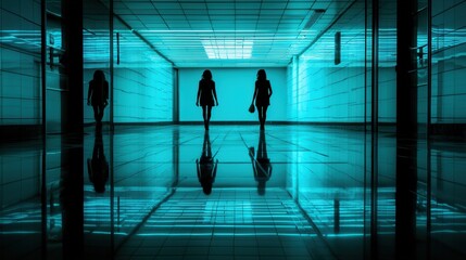 Silhouetted figures walking in an urban space indoor environment reflective surfaces modern design