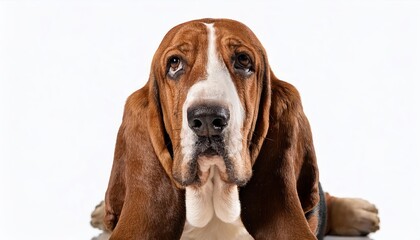Adorable Basset Hound Posing against White Backdrop, Showcasing Cozy Brown Fur and Expressive Eyes with a Playful and Relaxed Mood.