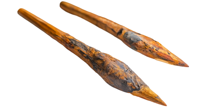 Flint-tipped spear with wooden shaft crafted by prehistoric artisans for hunting purposes
