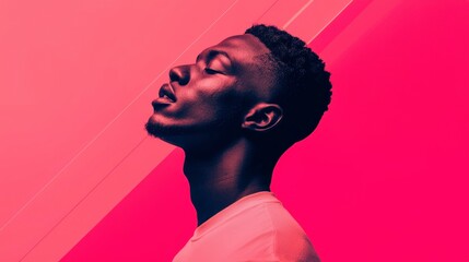 Obraz premium Serene Man with Closed Eyes Against Pink Geometric Backdrop