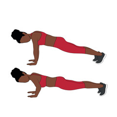 A Black African woman in red clothing doing press ups exercise. Flat vector illustration isolated on white background