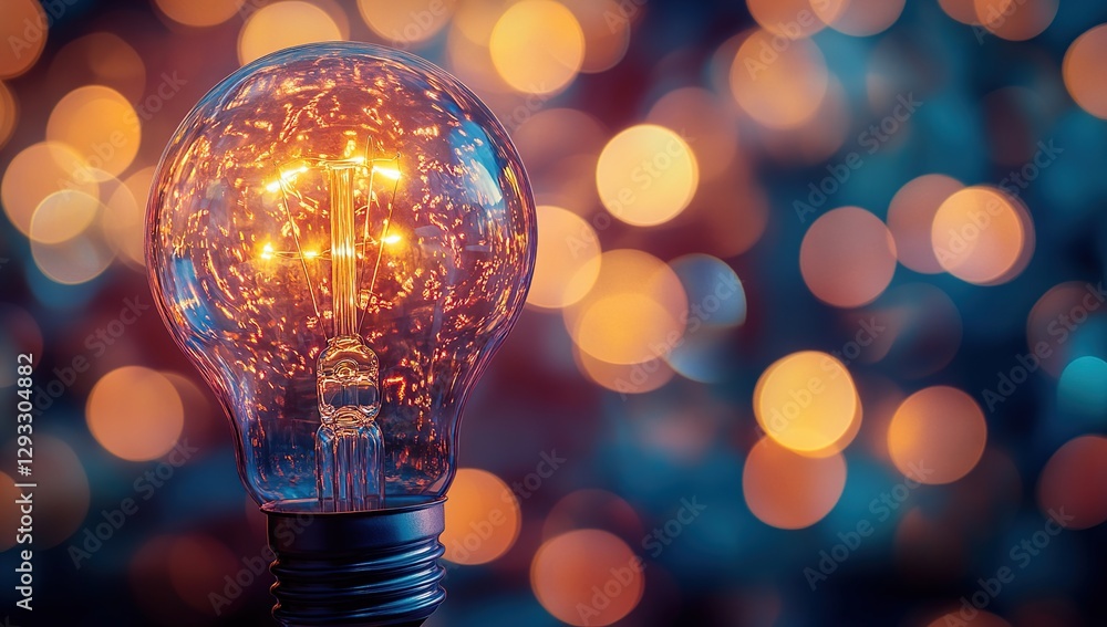 Poster glowing lightbulb with sparkling particles against a bokeh background
