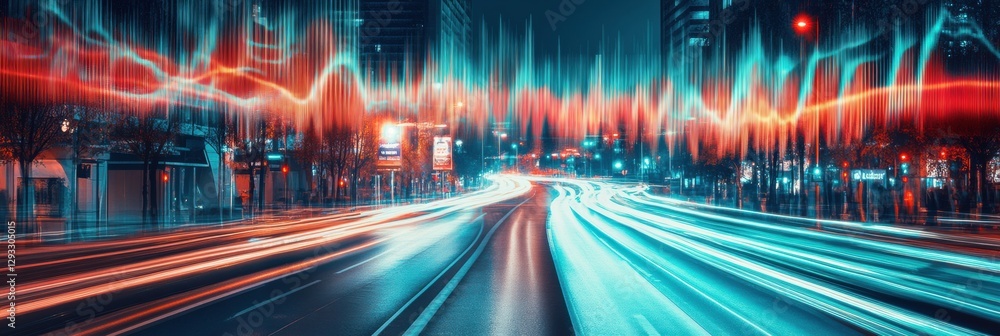 Aufkleber urban road vibrates with energy as layered sound waves create an abstract visual at night. generativ