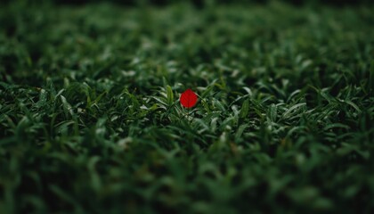 Naklejka premium Single Red Flower in Lush Green Grass Field