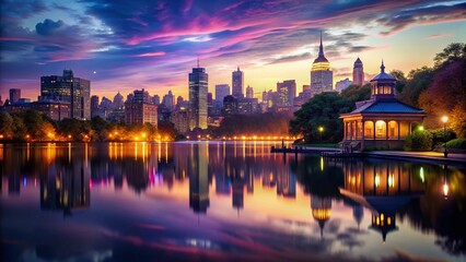Obraz premium Serene Central Park Reservoir at Dusk, NYC - Low Light Photography