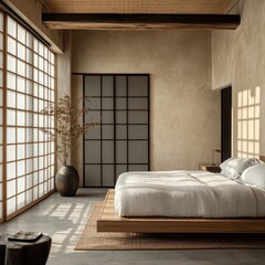 A bedroom scene with elegant minimalist style and warm lighting