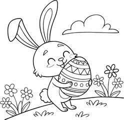 Cute kawaii bunny is hugging a decorated Easter egg cartoon character on flower background coloring page vector illustration for kids