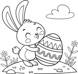 Cute kawaii bunny is hugging a decorated Easter egg cartoon character on flower background coloring page vector illustration for kids