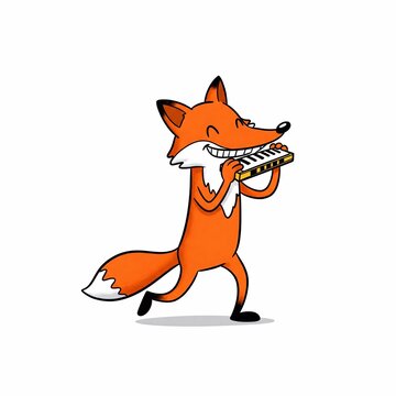 Happy cartoon fox playing harmonica while walking and smiling