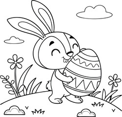 Cute kawaii bunny is hugging a decorated Easter egg cartoon character on flower background coloring page vector illustration for kids