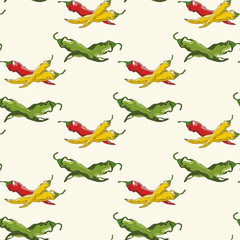 Seamless pattern with yellow, green and red peppers on a light background. Pepper drawing sketch. Textile print