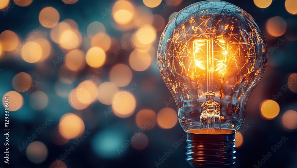 Poster glowing lightbulb idea concept with bokeh background