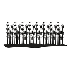 A Detailed Silhouette of a Dense Evergreen Forest with Black and White Tall Pines