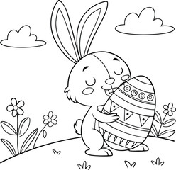 Cute kawaii bunny is hugging a decorated Easter egg cartoon character on flower background coloring page vector illustration for kids