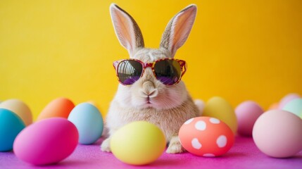 Cool easter bunny wearing sunglasses with colorful painted eggs on a vibrant pastel background, fun and festive spring holiday celebration


