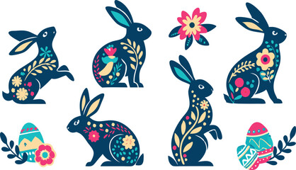 Happy Easter, decorated easter card, banner. Bunnies, Easter eggs, flowers and basket. Folk style patterned design.
