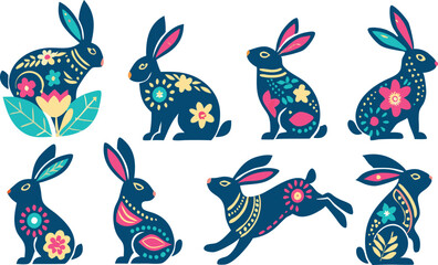 Happy Easter, decorated easter card, banner. Bunnies, Easter eggs, flowers and basket. Folk style patterned design.
