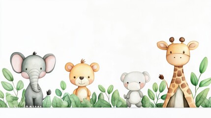 Naklejka premium Cute cartoon animals standing among green leaves on a white background.