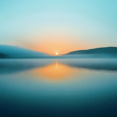 Fototapeta premium Sunrise over a tranquil lake with mountains and fog.