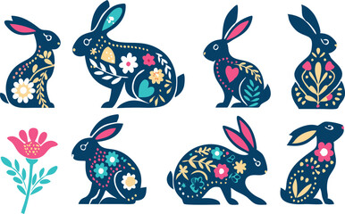 Happy Easter, decorated easter card, banner. Bunnies, Easter eggs, flowers and basket. Folk style patterned design.
