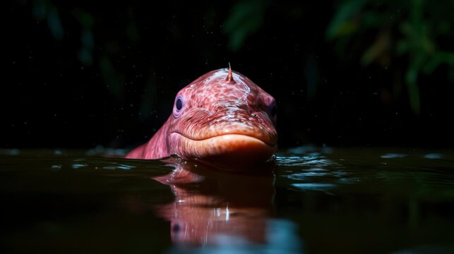 Pink Amazon River Dolphin Surfaces in Dark Water at Night