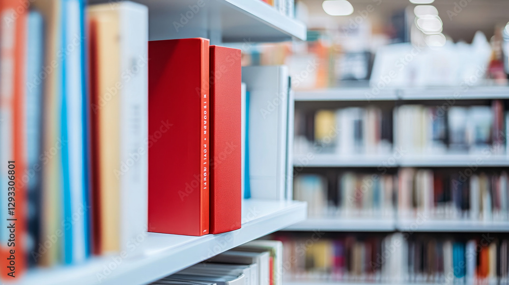 Poster books on white bookshelf, bestseller mockup with red cover stand on shelf in library or store. bookl