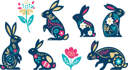 Happy Easter, decorated easter card, banner. Bunnies, Easter eggs, flowers and basket. Folk style patterned design.
