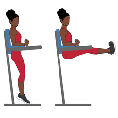 Fototapeta premium Black Female Character Performing Leg Raise Exercise on Power Tower in red clothing.