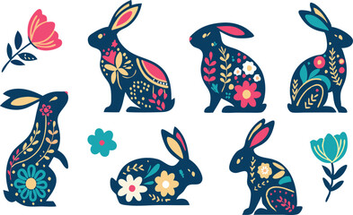 Happy Easter, decorated easter card, banner. Bunnies, Easter eggs, flowers and basket. Folk style patterned design.
