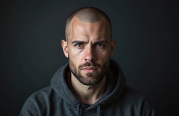 Obraz premium Close-up portrait of unshaved man in hoodie with bold look. Confident guy with serious expression, charisma, photogenic appearance, unshaved head, stubble beard. Model posing in studio with dark