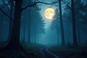 Fototapeta premium Ancient woods bathed in ethereal moonlight, heavy fog hangs , atmosphere, ethereal, creepy