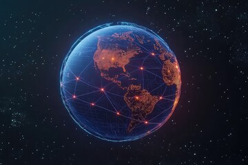 A rotating 3D futuristic earth map with a technology-inspired interface, connected by glowing network lines.