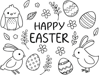 Easter set with simple lettering, bunnies, birds, eggs, flowers and twigs