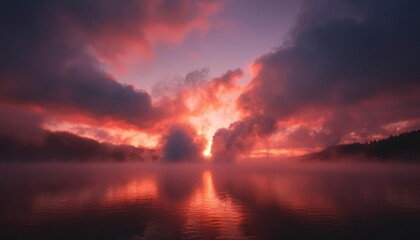 Obraz premium Misty lake sunrise with dramatic clouds and reflections