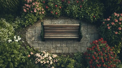 A top-down view of an outdoor bench placed in a garden, surrounded by flowers. The focus is on the bench's design and materials.