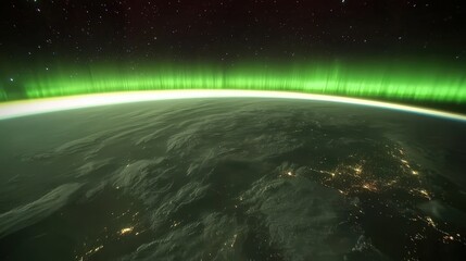 Pemandangan angkasa dari orbit planet eksotik, dengan aurora berwarna ungu dan emas yang membelah langit, difoto dengan lensa ultra-wide anamorphic