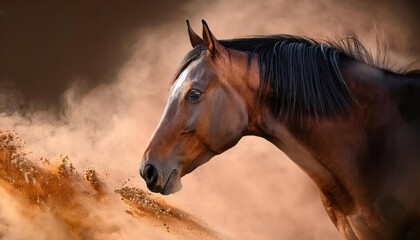 Elegant Bay Horse Framed Against a Dusty Backdrop, Capturing the Serene Mood and Grace of Natures Majestic Creatures in a Timeless Moment.