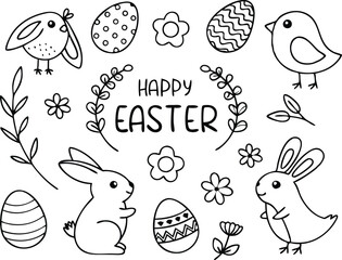 Easter set with simple lettering, bunnies, birds, eggs, flowers and twigs