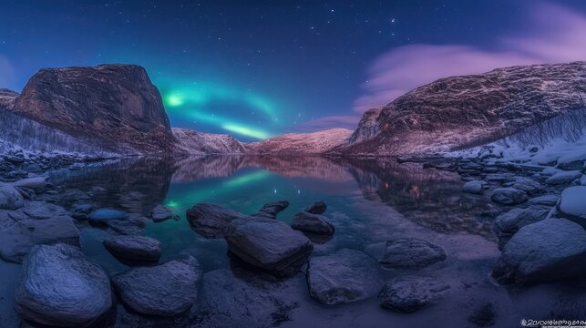 Pemandangan angkasa dari orbit planet eksotik, dengan aurora berwarna ungu dan emas yang membelah langit, difoto dengan lensa ultra-wide anamorphic 