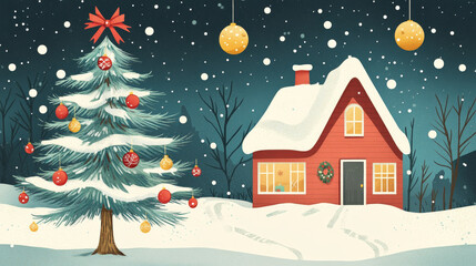 Fototapeta premium Holiday card with winter landscape, house interior with Christmas tree and decoration balls on fir branches. Greeting poster for Xmas and New Year, vector cartoon illustration