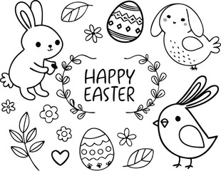 Easter set with simple lettering, bunnies, birds, eggs, flowers and twigs