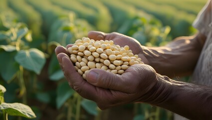 Farmer's hands cupping freshly harvested soybeans.