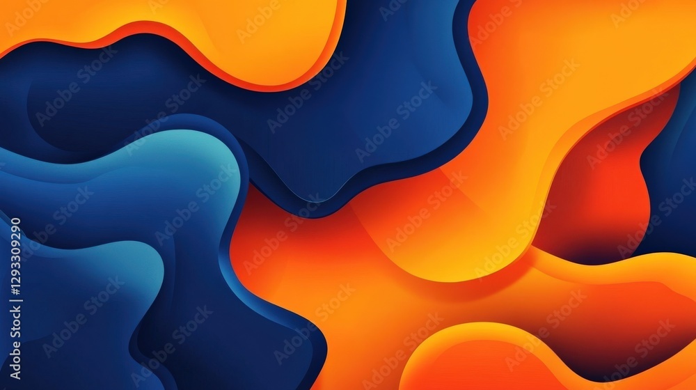 Poster abstract fluid shapes in vibrant orange and blue tones, creating a dynamic visual flow