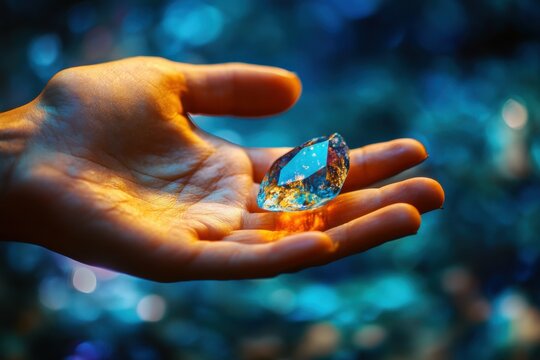 close-up of a hand holding a rare gemstone, vibrant and textured details, bright natural lighting, authentic and elegant atmosphere