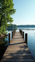 Obraz premium Wooden jetty extends over calm Masurian lake water, fish, quiet, vacation