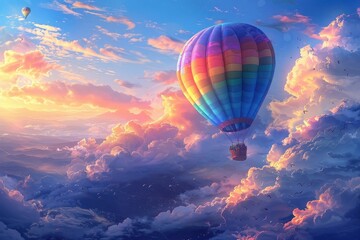 Fototapeta premium Depicts a whimsical and fantastical scene of a rainbow-colored hot air balloon soaring through the clouds.