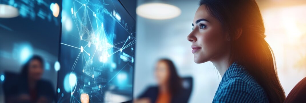 A focused woman observes digital data on a screen, symbolizing technology, innovation, and collaboration in a modern workspace.