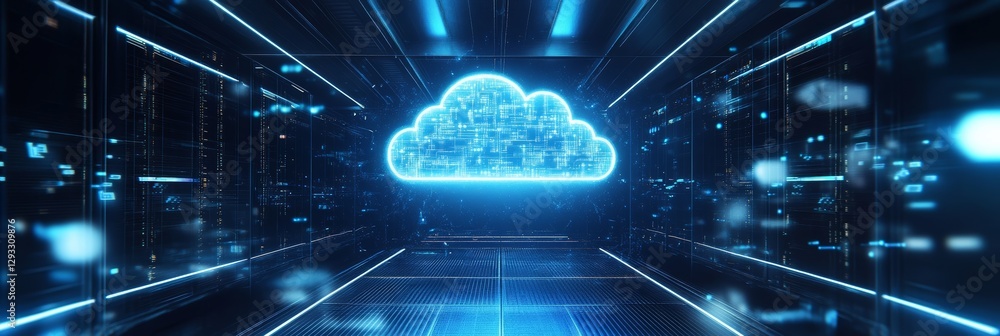 Poster a futuristic digital space featuring a glowing blue cloud, symbolizing cloud computing and data stor